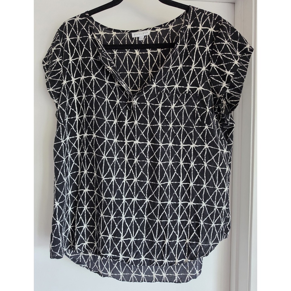 Silkland Women Silk Blouse L Black White Geometric Collared Short Sleeve Top